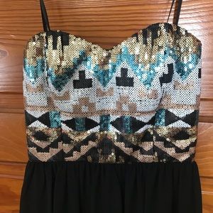 Strapless sequin Aztec design dress